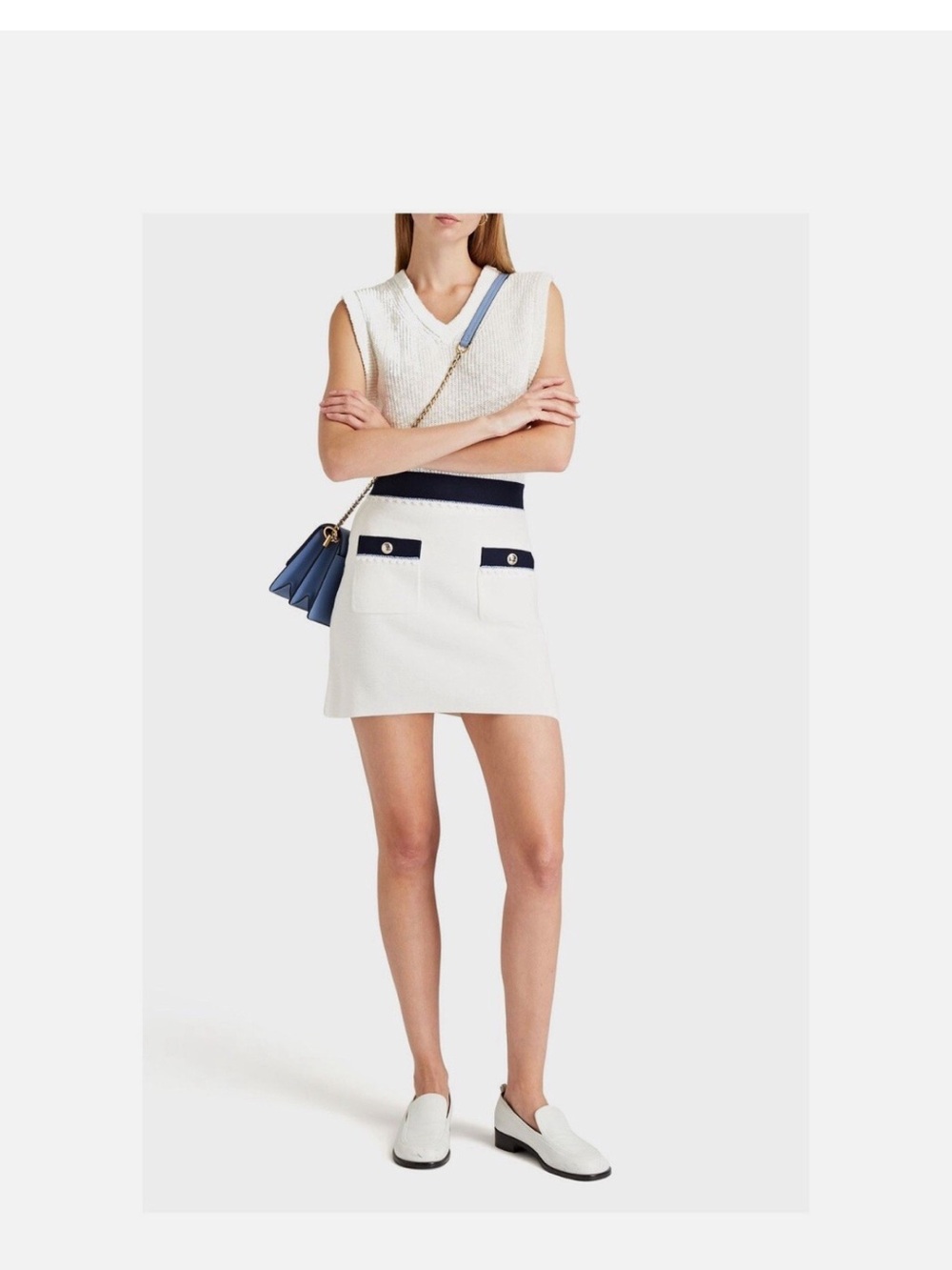 Maje White Mini Skirt with Navy Trim NWT